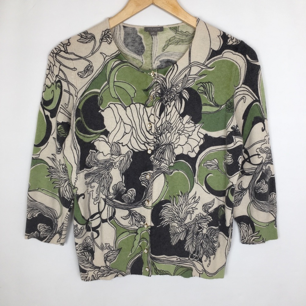 Ann Taylor Lambswool Angora Blend Cardigan Sweater Green Floral Women’s Size LP